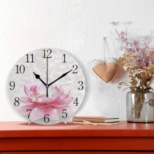 Détail de Horloge Murale Ronde Fleur Lotus Rose Mnsruu Silencieuse