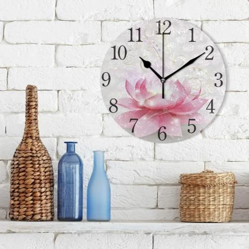 Zoom sur Horloge Murale Ronde Fleur Lotus Rose Mnsruu Silencieuse