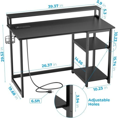 Zoom sur Bureau réversible GreenForest, port USB, étagères rangement
