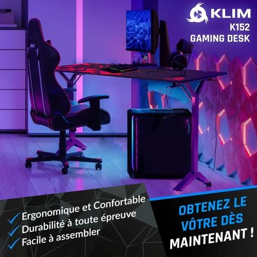 Détail de Bureau Gaming KLIM K152, Gestion Câbles, Tapis Souris, Metal Bois