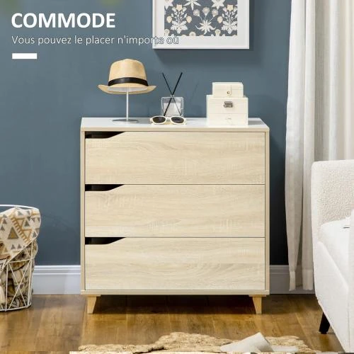Zoom sur Commode 3 Tiroirs HOMCOM, Rangement Bicolore Blanc Bois
