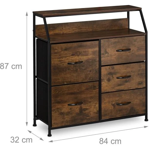 Zoom sur Commode industrielle, 5 tiroirs, étagère déco, brun noir