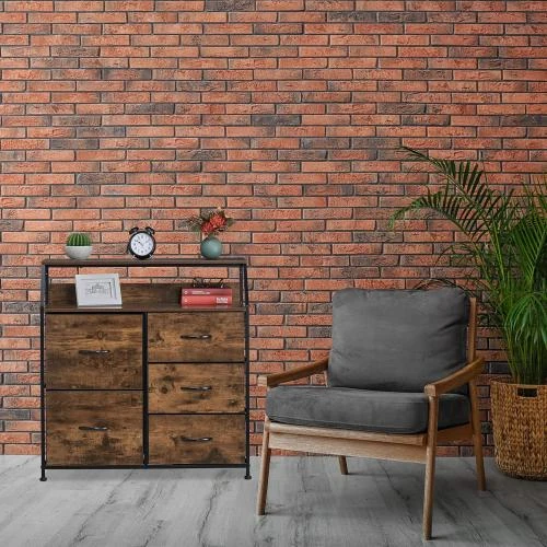 Détail de Commode industrielle, 5 tiroirs, étagère déco, brun noir