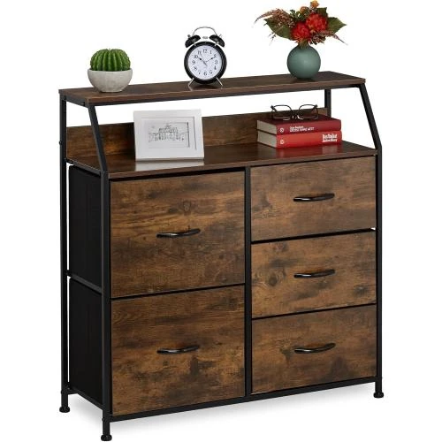 Commode industrielle, 5 tiroirs, étagère déco, brun noir - Vue principale