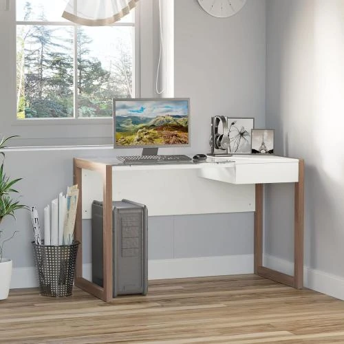 Détail de Bureau Informatique Verre Trempé, Tiroir Intégré, Blanc Bois