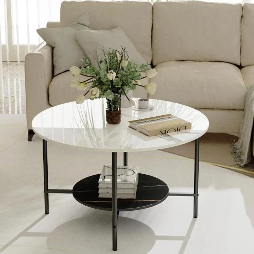 Table Basse Ronde Marbre Noir Design Moderne Salon - Vue principale