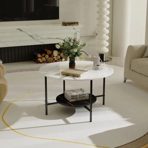 Zoom sur Table Basse Ronde Marbre Noir Design Moderne Salon