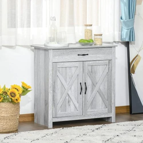 Détail de Buffet Rural Chic 2 Portes, Tiroir, Étagère, Noir, Gris Clair
