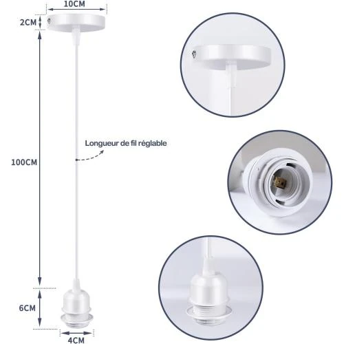 Zoom sur Cable Suspension Luminaire Blanc E27, Plafonnier Cuisine, Bar
