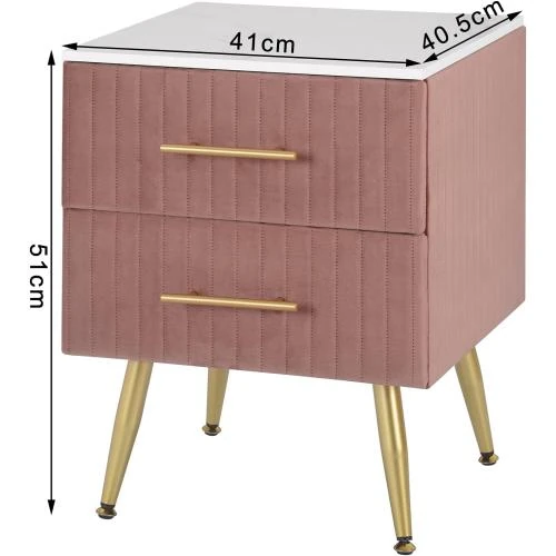 Zoom sur Table de Chevet Velours Rose, 3 Tiroirs, Rangement