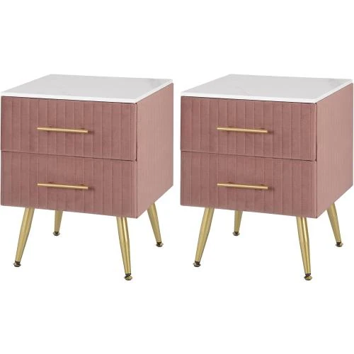 Table de Chevet Velours Rose, 3 Tiroirs, Rangement - Vue principale
