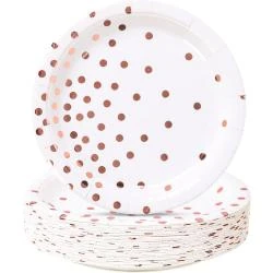 Assiettes dessert papier pois or rose, lot 50 pièces