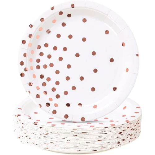 Assiettes dessert papier pois or rose, lot 50 pièces - Vue principale