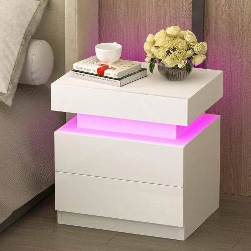 Table de Chevet Moderne Brillante, LED Blanche, 2 Tiroirs - Vue principale