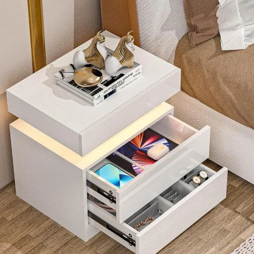 Détail de Table de Chevet Moderne Brillante, LED Blanche, 2 Tiroirs