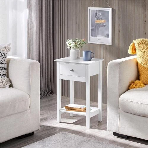 Détail de Yaheetech Table d'Appoint Bois Blanc, Tiroir, Étagère
