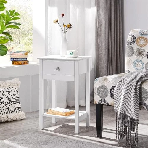 Zoom sur Yaheetech Table d'Appoint Bois Blanc, Tiroir, Étagère