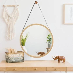 Miroir Mural Rond, Design Élégant, Cadre Bambou Naturel
