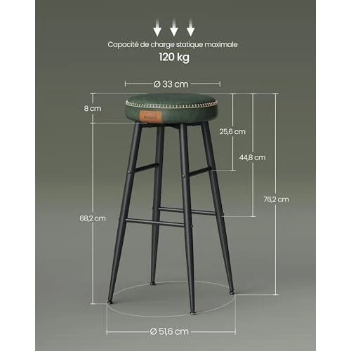 Zoom sur Lot de 4 Tabourets de Bar VASAGLE EKHO avec Coutures PU