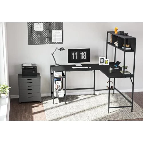 Zoom sur Bureau d'angle L Noir, table ordinateur, rangement industriel