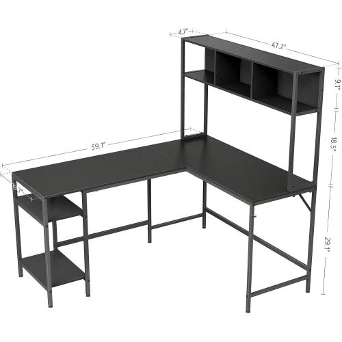 Détail de Bureau d'angle L Noir, table ordinateur, rangement industriel