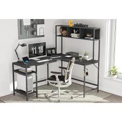 Bureau d'angle L Noir, table ordinateur, rangement industriel