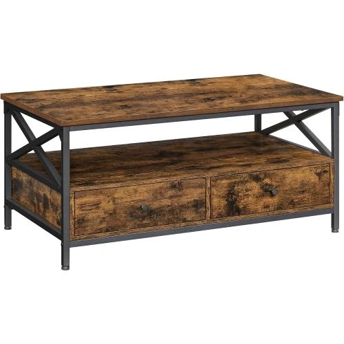Table Basse Industrielle Marron Rustique, 2 Tiroirs, Compartiment Ouvert - Vue principale