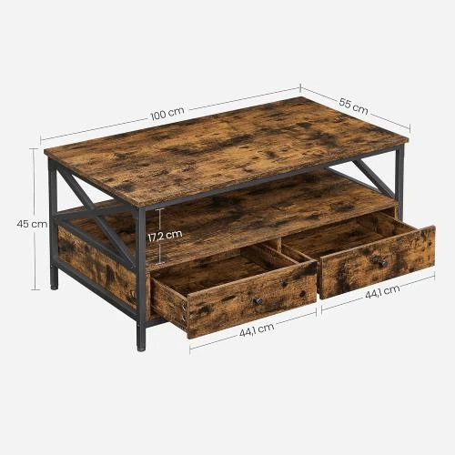 Zoom sur Table Basse Industrielle Marron Rustique, 2 Tiroirs, Compartiment Ouvert