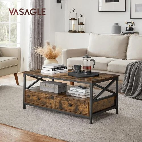 Détail de Table Basse Industrielle Marron Rustique, 2 Tiroirs, Compartiment Ouvert