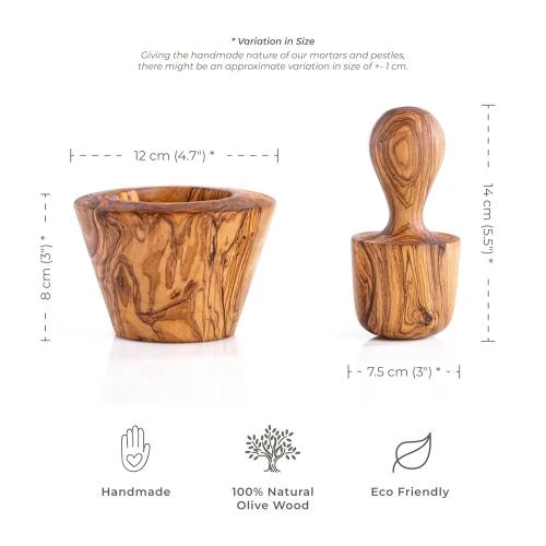 Zoom sur Ensemble mortier, pilon bois olivier naturel, presse ail, moulin épices