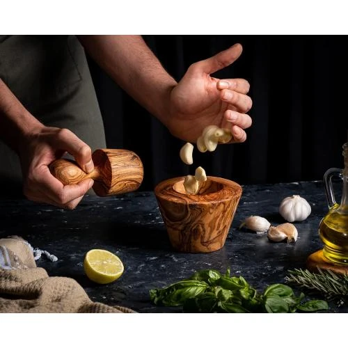 Ensemble mortier, pilon bois olivier naturel, presse ail, moulin épices - Vue principale