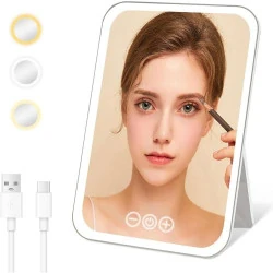 Miroir Maquillage LED Rechargeable, Éclairage 3 Couleurs, Tactile