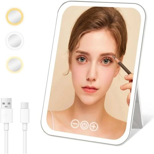 Miroir Maquillage LED Rechargeable, Éclairage 3 Couleurs, Tactile - Vue principale