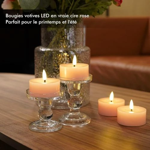 Détail de Bougies LED votives rose pâle, lot de 4, cire véritable
