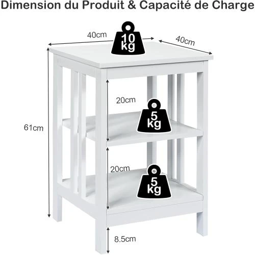 Zoom sur Table de Chevet Bois Design Élégant 3 Niveaux Blanc