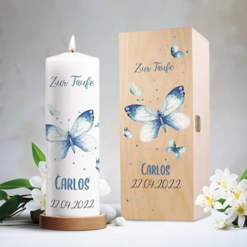 Détail de Bougie imprimée brillante, baptême, papillon, cadeau personnalisé