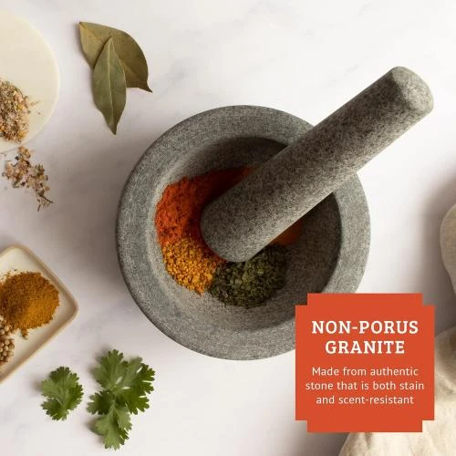 Zoom sur Mortier Pilon en Granit, Cuisine, Broyage Épices, Salsa, Gris