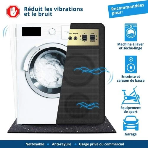 Zoom sur Tapis Anti Vibrations Noir, Absorption Bruit, Découpable