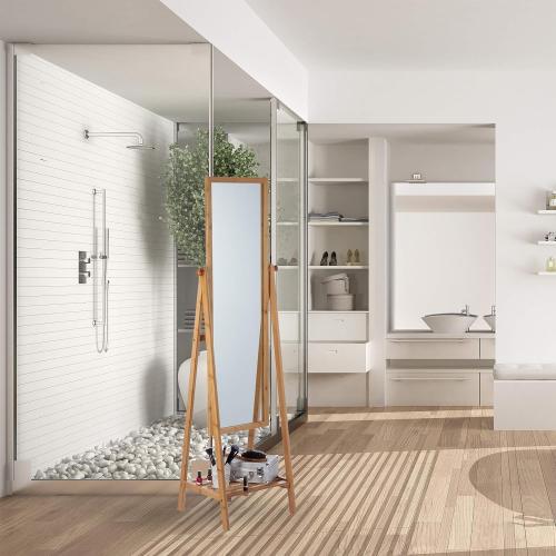 Présentation de Zoom sur Miroir sur pied Relaxdays, bambou, plateau rangement naturel
