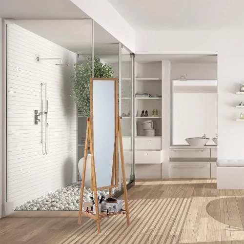 Zoom sur Miroir sur pied Relaxdays, bambou, plateau rangement naturel