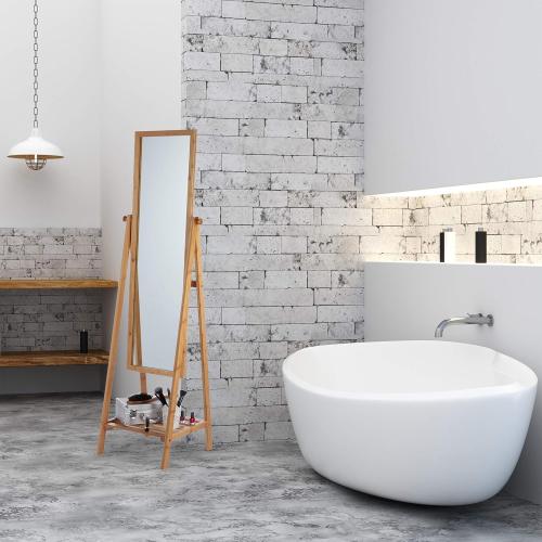 Présentation de Miroir sur pied Relaxdays, bambou, plateau rangement naturel en situation