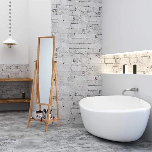 Détail de Miroir sur pied Relaxdays, bambou, plateau rangement naturel