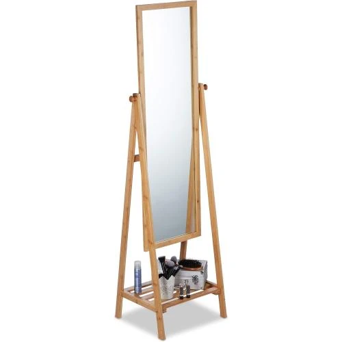 Miroir sur pied Relaxdays, bambou, plateau rangement naturel - Vue principale