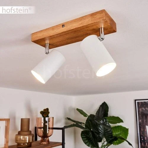 Détail de Plafonnier Hofstein Zuoz, bois, métal blanc, spots rotatifs