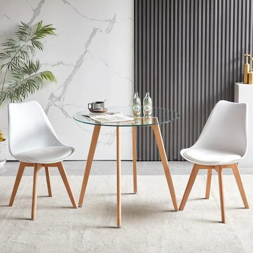 Zoom sur Table à manger ronde verre, pieds bois hêtre, design moderne