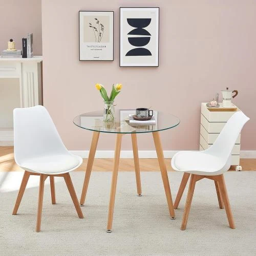 Détail de Table à manger ronde verre, pieds bois hêtre, design moderne