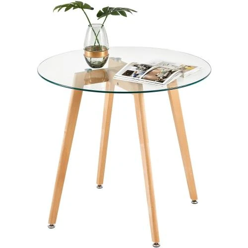 Table à manger ronde verre, pieds bois hêtre, design moderne - Vue principale