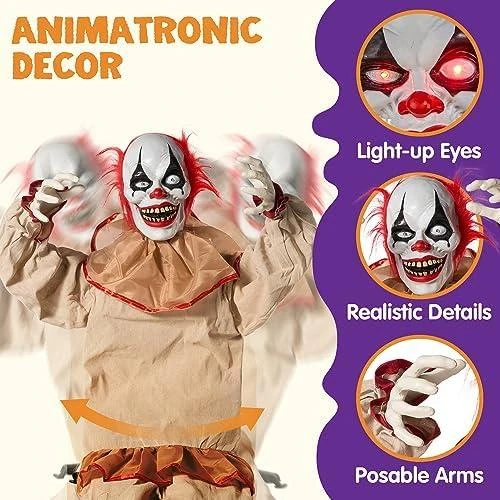 Détail de Décoration Clown Animatronique Halloween, Yeux Lumineux, Son Effrayant