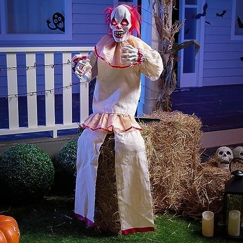 Zoom sur Décoration Clown Animatronique Halloween, Yeux Lumineux, Son Effrayant