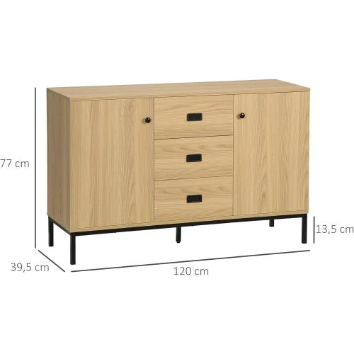 Zoom sur Buffet Cuisine Rangement 2 Placards, Étagère, 3 Tiroirs